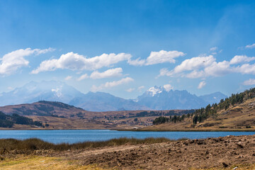 ANDEAN LAGOON WITH SNOWY MOUNTAINS IN THE BACKGROUND, PERU..