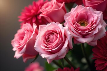 Fototapeta premium Blurred, overlapping pink & red roses and gerberas , romantic, abstract