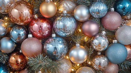 Colorful Christmas ornaments on a festive tree background.