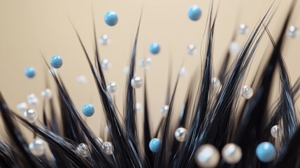 Abstract black fibers, blue & pearl spheres, beige background;  product, website design