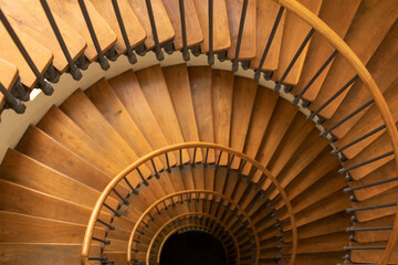 Antique wooden spiral staircase, top view