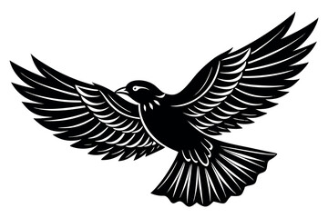 Obraz premium Stylized black bird with outstretched wings in flight captured against a white background, showcasing intricate feather details