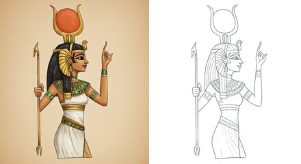 Eternal Goddess:  An exquisitely detailed artistic depiction, showcasing the regal elegance of an ancient figure, adorned in elaborate attire and symbols. This image is not a photograph.