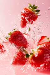 Fresh strawberries splashing in water, showcasing their vibrant color and natural freshness on a light pink background.