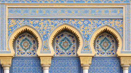 Obraz premium Moroccan Architectural Detail: A close-up view of intricate mosaic tilework and arched doorways, showcasing the delicate craftsmanship and vibrant colors that characterize Moroccan architecture.