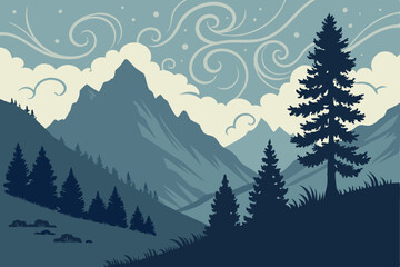 Fototapeta premium Mountain landscape with swirling clouds and pine trees during twilight hours