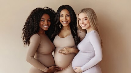 Three pregnant women are standing closely together, each smiling joyfully.
