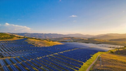 Renewable energy concept featuring solar farm on rolling hills for sustainable power generation and landscape design