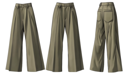 accurate technical fashion drawing of high waisted wide leg trousers featuring front pleats side pockets belt loops clean lines a khaki color front view and detailed black and white side and back