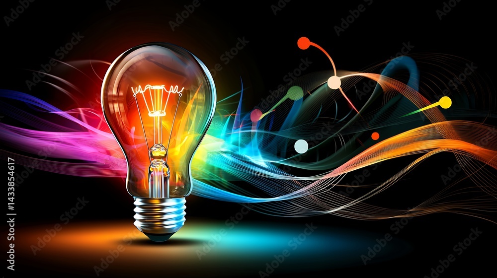 Poster illuminated lightbulb with abstract neural network on black background for innovation