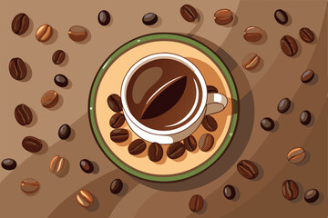 Obraz premium Enjoying a fresh cup of coffee surrounded by coffee beans on a wooden table in a cozy setting