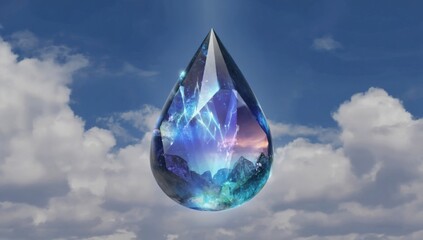 Obraz premium Mythical dragon tear transforming into crystal gem amidst cloudy sky, fantasy art concept for magical design