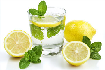 Fresh lemon and mint drink in a glass with sliced lemons