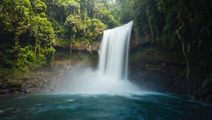 Fototapeta premium Majestic waterfall cascading into jungle lagoon with rising mist in tropical forest
