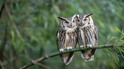 Two Owls Perched On Branch In Forest