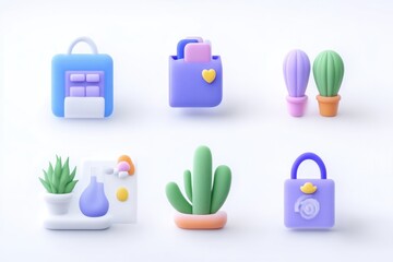 Cute, pastel-colored 3D icons of everyday objects.  Icons depict a calendar, shopping bag, wallet, cactus, plant, and memo pad