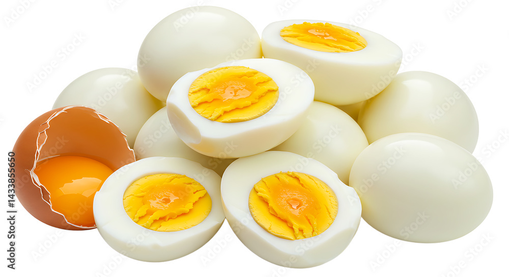 Poster A close up view of a pile of hard boiled eggs with one cracked open and showing the yolk inside it