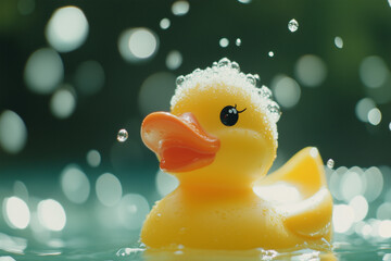 Cute rubber duck splashes water droplets in bright sunlight