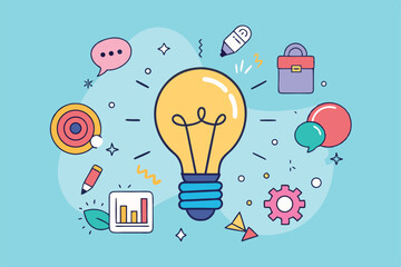 Creative brainstorming session featuring various icons representing ideas, data, and communication