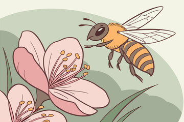 Obraz premium Bee approaches blooming cherry blossoms in a vibrant garden during springtime