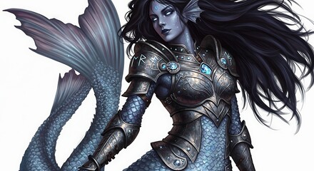 Majestic Mermaid Warrior: A Digital Painting of a Powerful Aquatic Being in Full Battle Armor