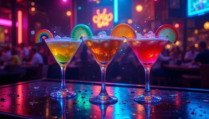 Whimsical rainbow 3D cocktails on a dark background in the glow of neon lights. Party at night club, bar. Celebration, festive time. Alcohol drinks.
