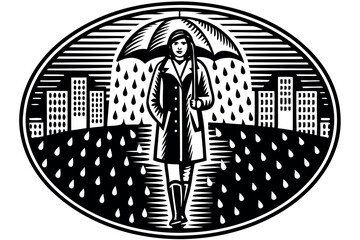Fototapeta premium Illustration of a person walking with an umbrella in the rain surrounded by city buildings during a rainy day