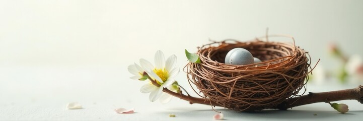Obraz premium Delicate bird's nest, shallow depth of field, white backdrop, photography, twigs
