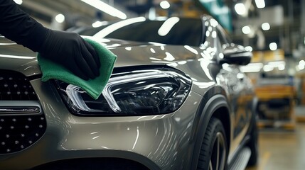 Factory worker polishing new car headlight