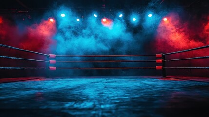 Empty boxing ring under colorful spotlights
