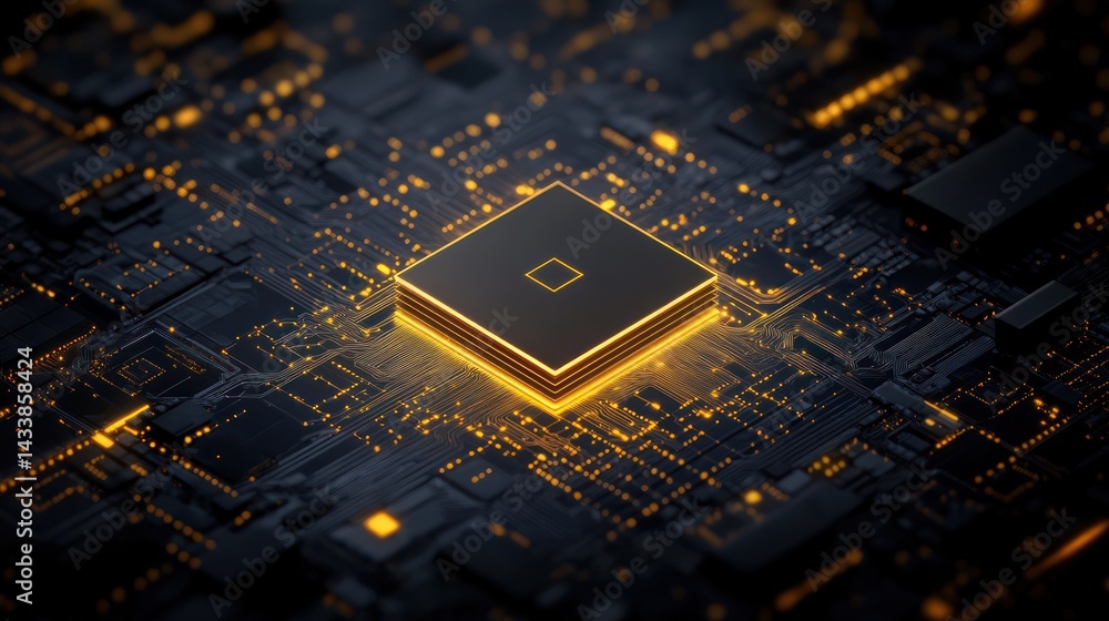 Poster glowing chip connects data flow on a dark circuit board for high-tech uses