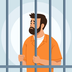 Illustration of a man in an orange prison uniform standing behind prison bars with a sad or contemplative expression.