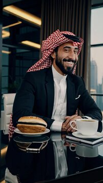 Handsome man with saudi arabia dish dasha working in his business office of Dubai. Portraits of a successful businessman in traditional emirates white dress.	