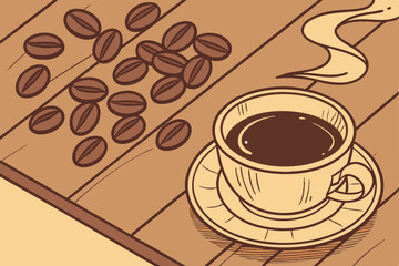 Obraz premium Freshly brewed coffee served in a white cup beside roasted coffee beans on a wooden table