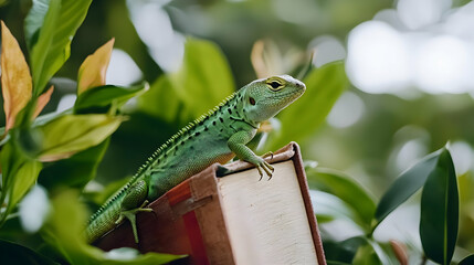 Fototapeta premium Green Lizard On Top Of Old Book In Foliage