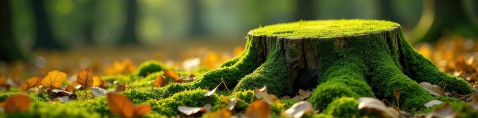Obraz premium Emerald moss blankets old stump, golden leaves surround, photography, woods
