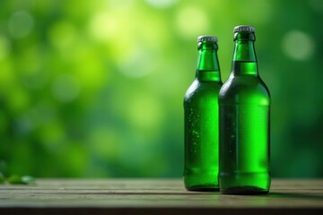 Emerald green bottles, lush background Vibrant, still life , abundant, hue