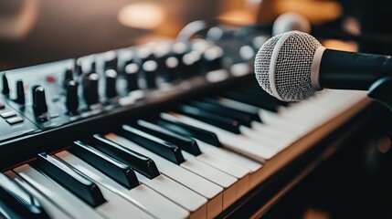 Obraz premium Keyboard, microphone, stage, music, performance, close-up, indoor, concert