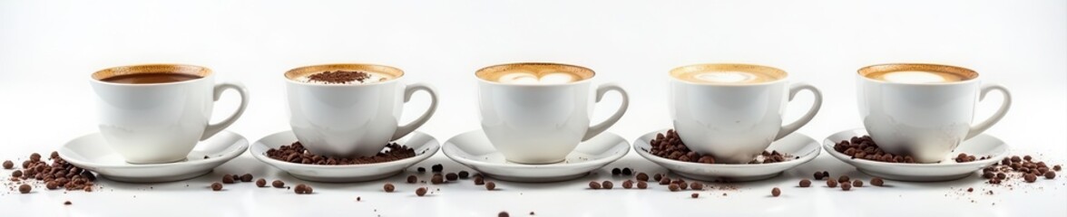 Fototapeta premium Espresso cups, chocolate curls, white background, cafe, clean, espresso