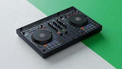 Fototapeta premium Black Dj Mixer on White and Green Background for Electronic Music Production Sound Design and Party Entertainment with Advanced Audio Technology