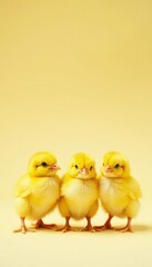 Fototapeta premium Five tiny yellow chicks standing close together, showcasing soft down and playful posture , fluffy, line