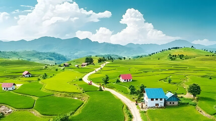 Scenic Aerial View Of Terraced Rice Paddies And Rural Homes
