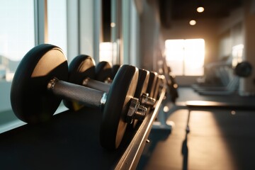 Dumbbells and gym equipment are arranged neatly in fitness club, illuminated by warm sunlight streaming through large windows, creating inviting atmosphere for workouts
