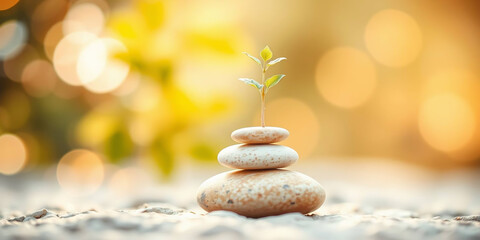 Obraz premium a small stack of smooth stones, with a single green plant sprouting from the top stone