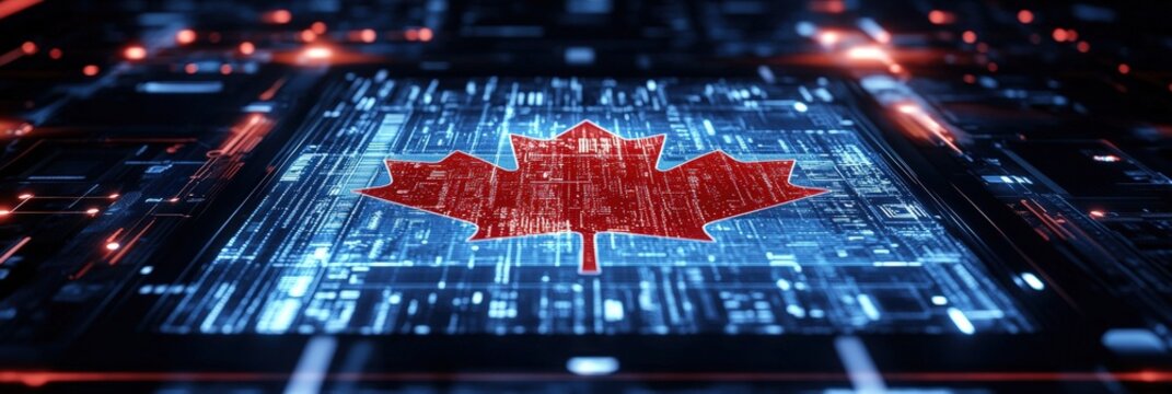 Technological National Identity: Canada Flag on Biometric Security Scan Displayed on Touchscreen Device, Digital Transformation Concept