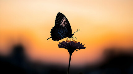 Silhouette Butterfly On Flower At Sunset