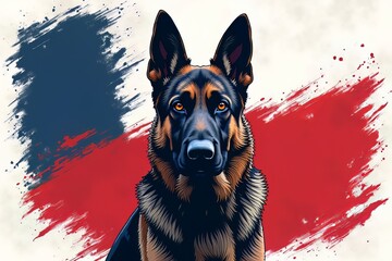 German Shepherd Dog Portrait Against Abstract Red and Blue Paint Splatter Background