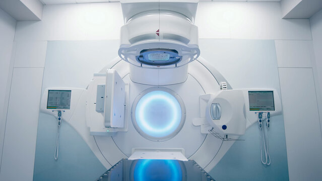 Cancer therapy, state-of-the-art medical linear accelerator in therapeutic oncology. Concept of medical technology and device treatment.