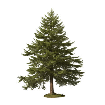 A single evergreen tree with a brown trunk and green needles against a transparent background isolated image png