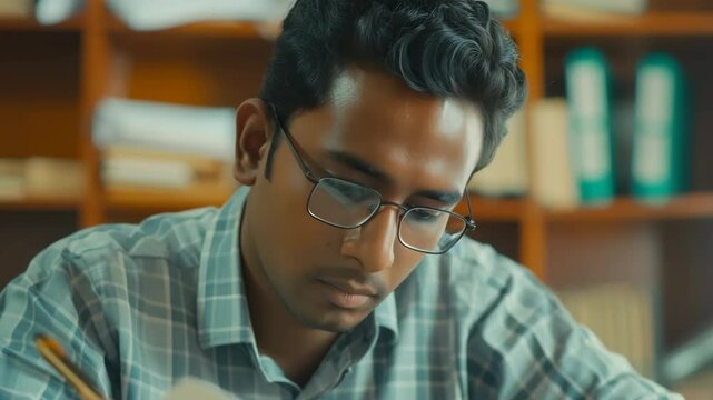 Concentrated South Asian student with glasses studying books in library, wearing checkered shirt.
